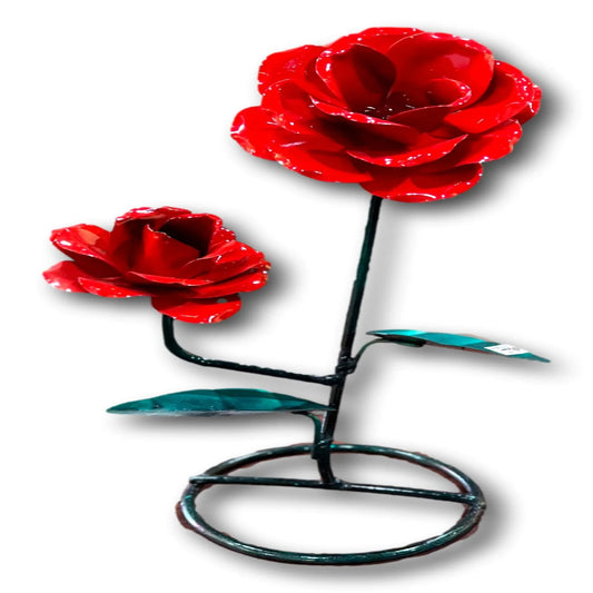 Handcrafted 15-inch red metal rose sculpture made of welded wrought iron, ideal for home and garden decorative metal art.
