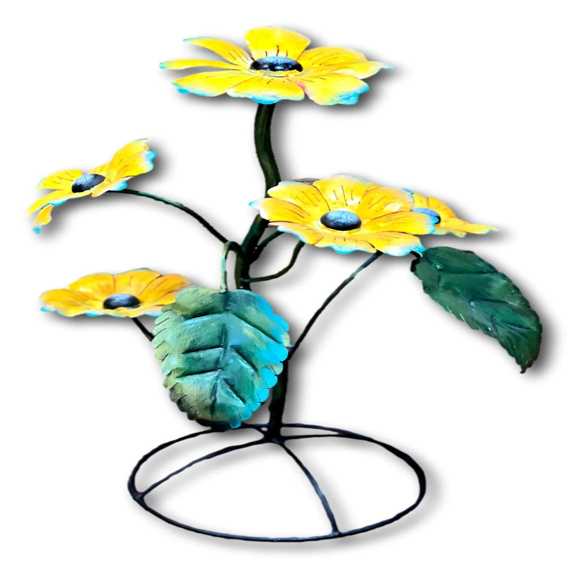 Handcrafted 24-inch metal sunflower sculpture made of welded wrought iron, decorative metal art for home and garden.
