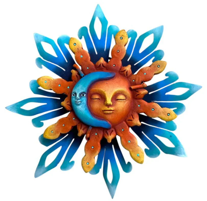Handcrafted 3D Sun and Moon eclipse wall art by Jose Alberto Chavez, featuring folk design for indoor and outdoor home decor.