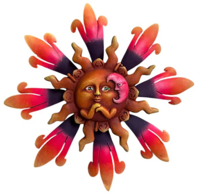 Handcrafted 3D Sun and Moon eclipse wall art by Jose Alberto Chavez, folk design for indoor or outdoor home decor.