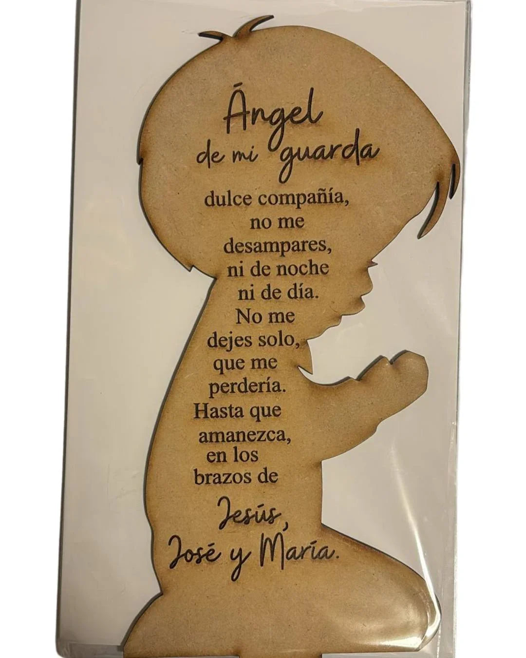 Handcrafted wood art of praying child angel by Norma Cordova De Schaefer, 6x10 inches, Catholic spiritual display with angel and child figure.