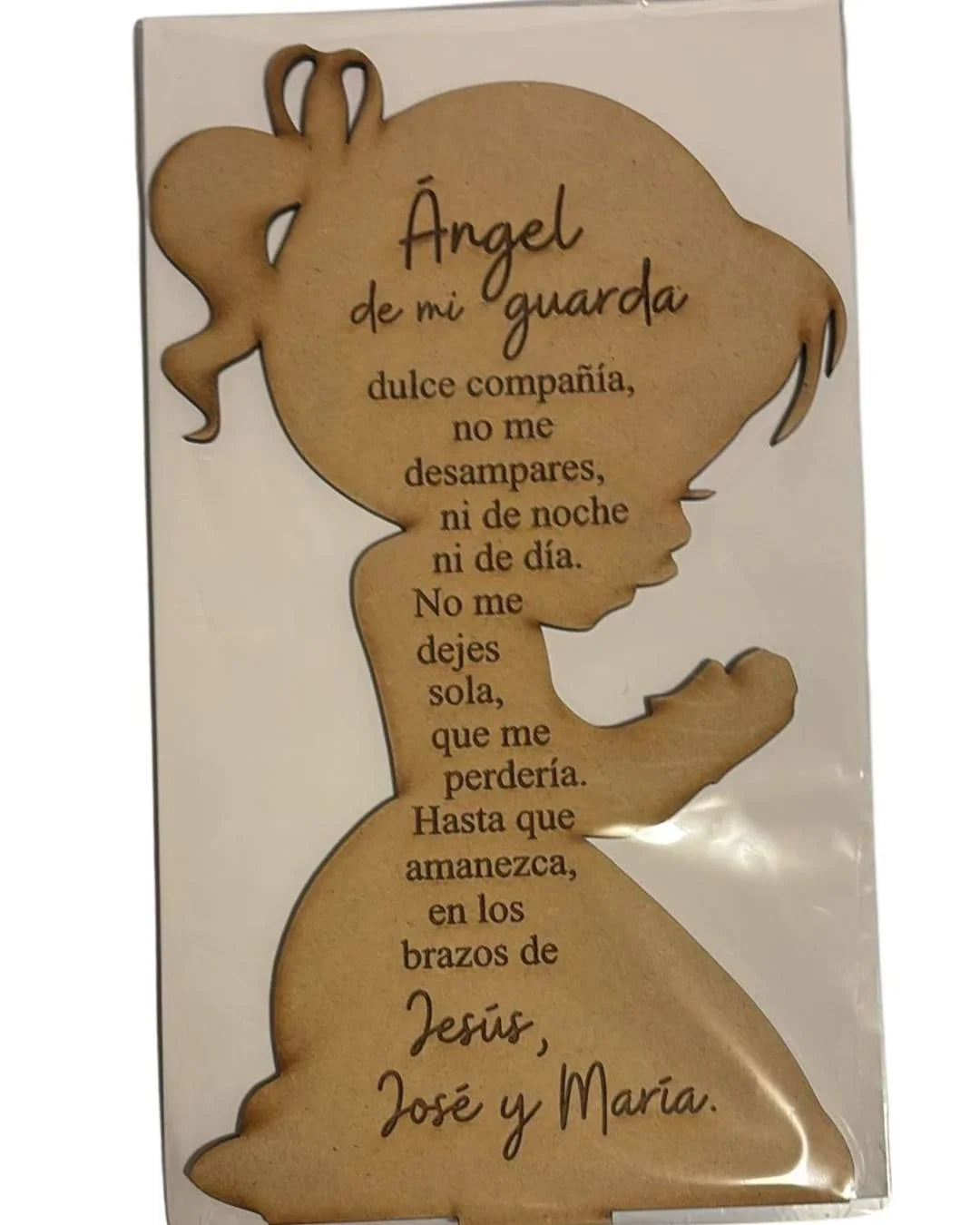 Handcrafted wood art of praying child angel from Norma Cordova De Schaefer, 6x10 inches, Christian spiritual display.