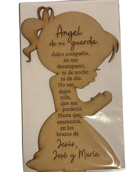 Handcrafted wood art of praying child angel from Norma Cordova De Schaefer, 6x10 inches, Christian spiritual display.