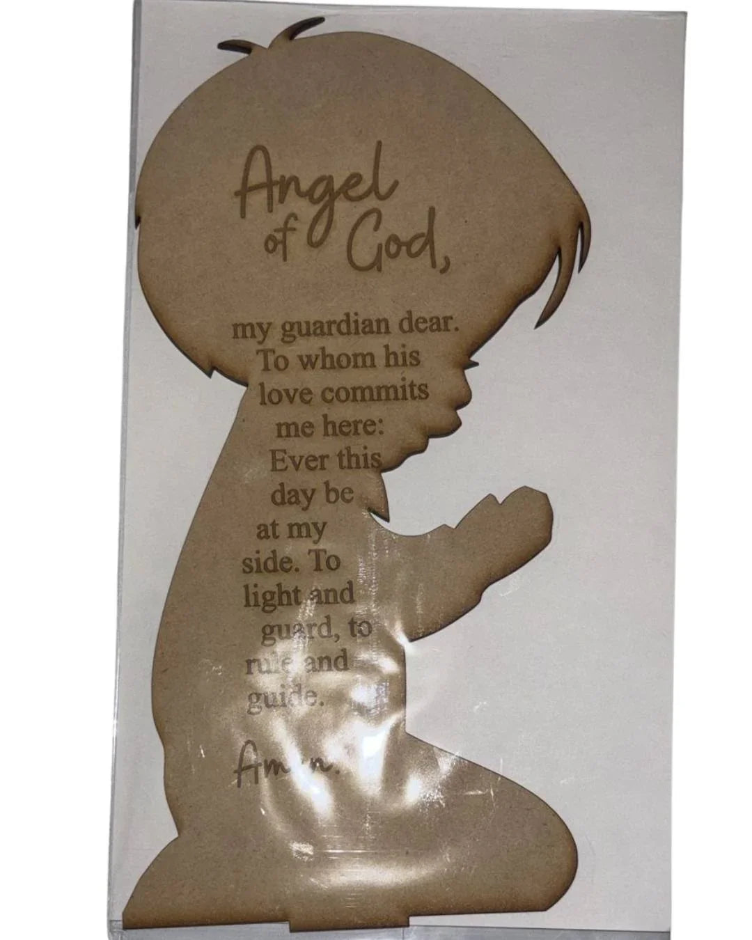 Handcrafted wood art of a praying child angel of God, 6x10 inches, spiritual Christian display by Norma Cordova De Schaefer.