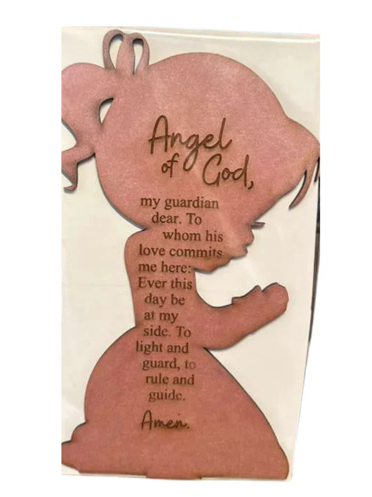 Handcrafted wood art of a praying child angel, 6x10 inches, spiritual Christian display by Norma Cordova De Schaefer