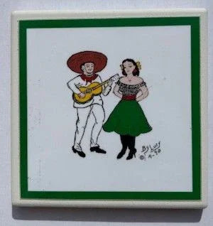 Colorful handcrafted ceramic coaster featuring Mexican Fiesta life, 4x4 inches, by Miguel Martinez, showcasing vibrant El Paso artwork.