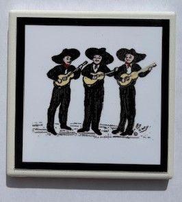 Colorful handcrafted ceramic coaster featuring Mexican Fiesta life design by Miguel Martinez, 4x4 inches, perfect as a vibrant home accent.