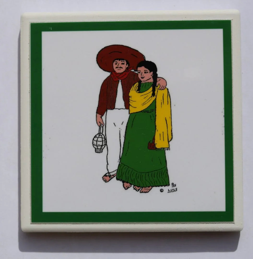 Colorful handcrafted ceramic coaster featuring Mexican Fiesta Life design by Miguel Martinez, 4x4 inches, vibrant home accent.