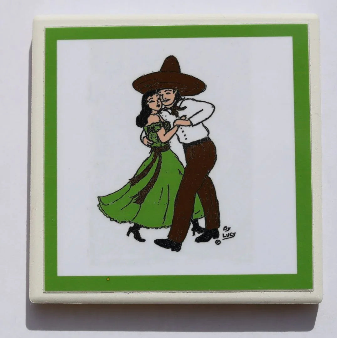 Colorful handcrafted ceramic coaster featuring Mexican Fiesta life design by Miguel Martinez, 4x4 inch home accent.