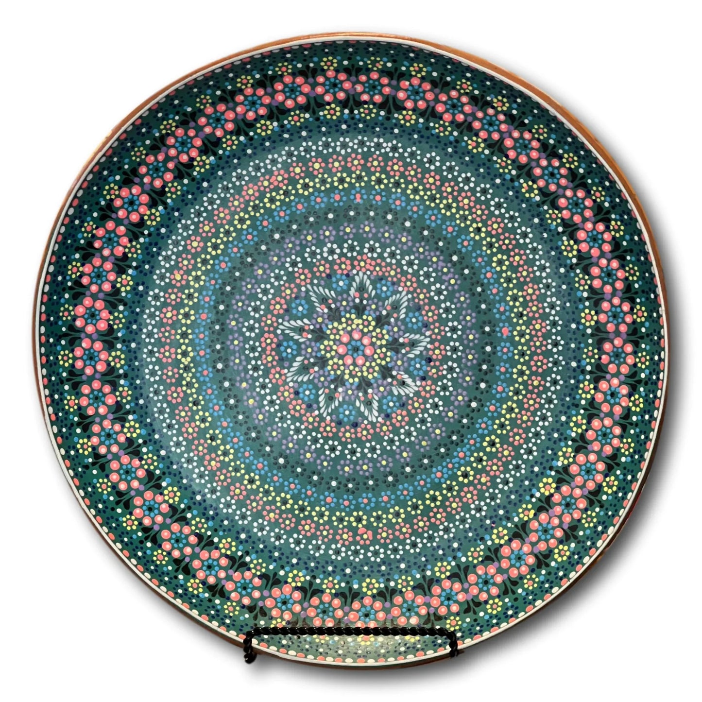 Handcrafted green clay decorative plate with multicolor accents, 16-inch artisan design from Mexico, ideal for home decor.