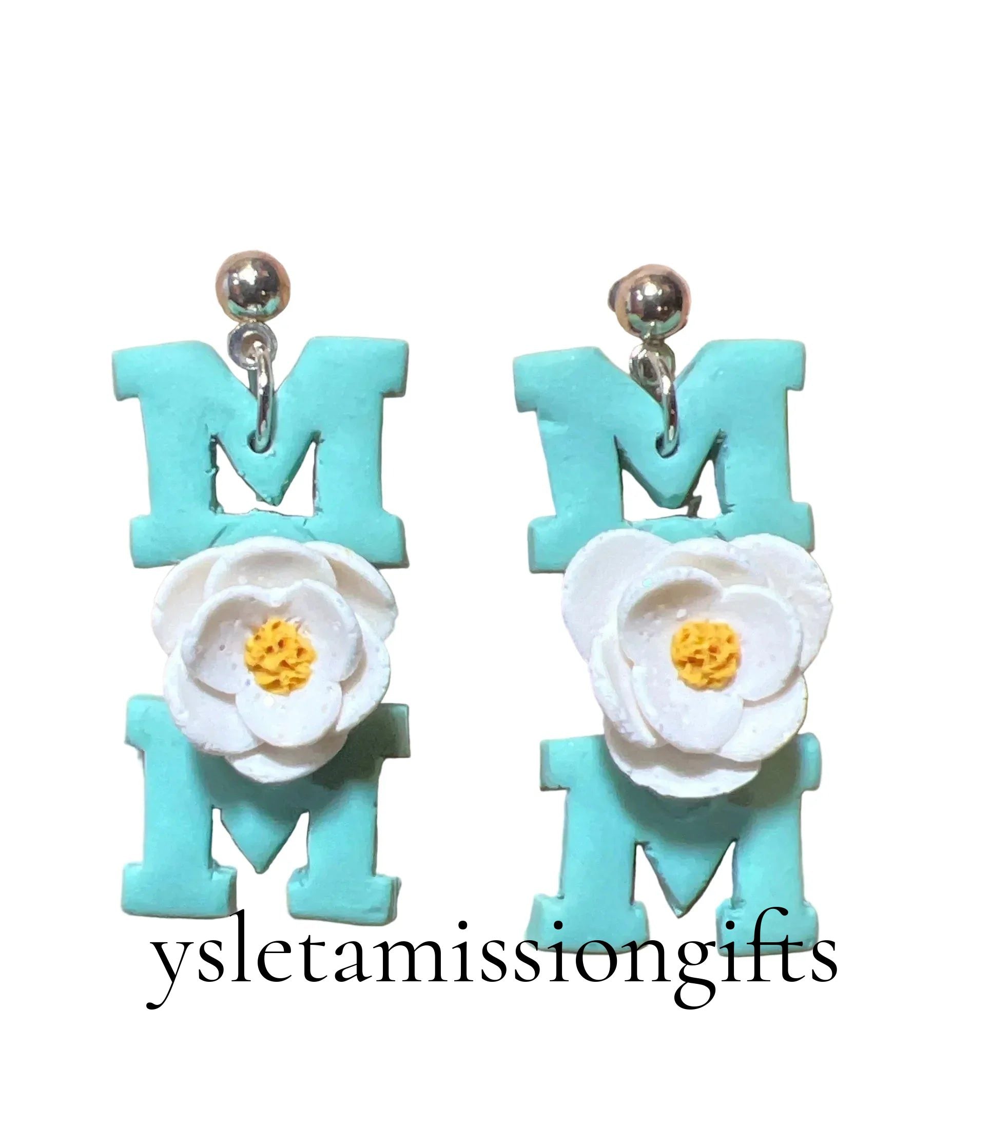 Handcrafted clay floral MOM dangle earrings with stainless steel posts by Melissa Cortinas, featuring colorful flower designs.