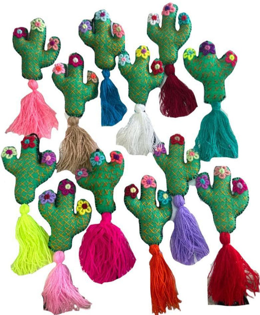 Handcrafted Mexican embroidered Sahuaro charm tassel from Jose Alberto Chavez, an artisan accessory for bags and wearables.