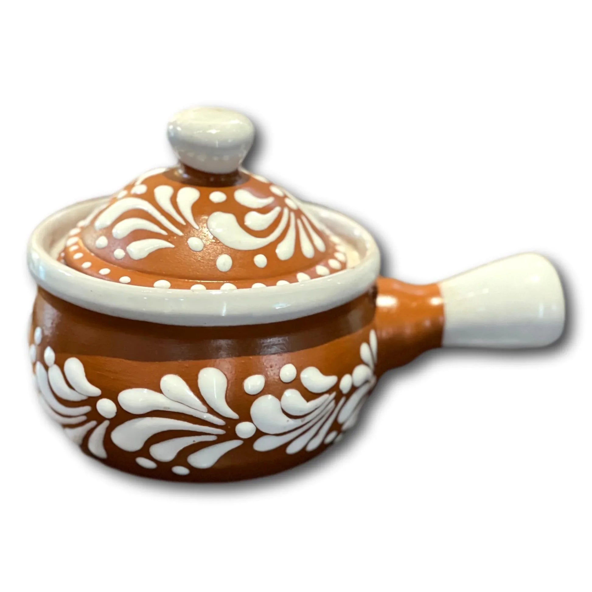 Handcrafted red clay salsa bowl with white detailing and lid, ideal for home use, by Ysleta Mission Gift Shop.