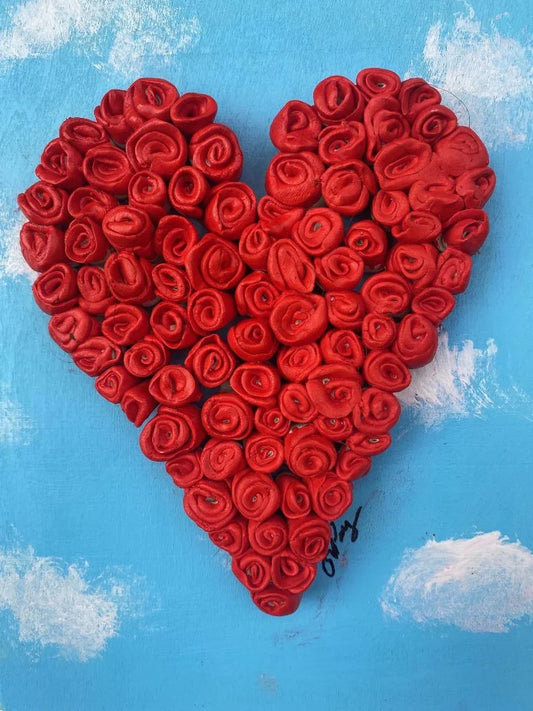 Handcrafted red rose heart on sky acrylic bas-relief 3D floral painting by Susan W Perez, decorative wall art for home and garden.