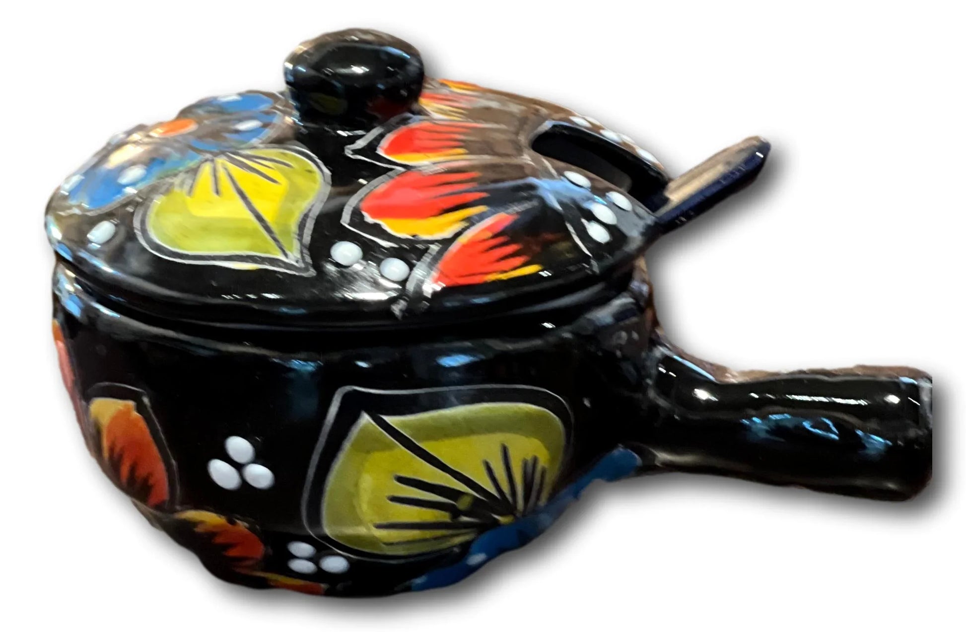 Handcrafted salsa bowl with lid and serving spoon from Ysleta Mission Gift Shop, featuring detailed traditional design.