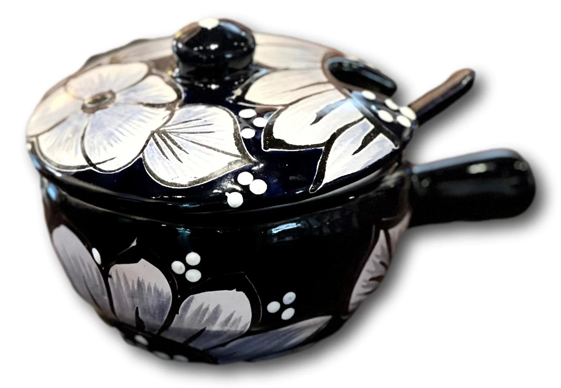 Handcrafted Ysleta Mission salsa bowl with lid and serving spoon, ceramic dish for salsa or dips, traditional Mexican pottery style.