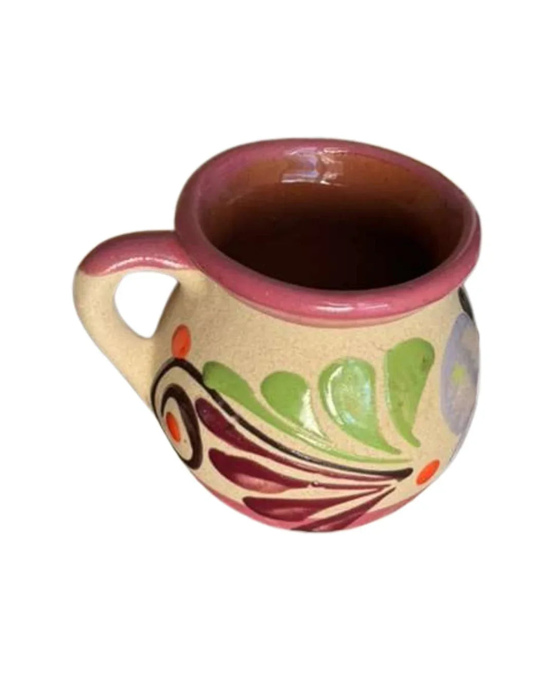 Handcrafted Talavera coffee mug with colorful Mexican folk art patterns by Michelle Miranda.