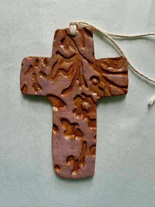 Handcrafted textured ceramic cross, 5x3 inches, glazed Catholic religious wall decor by Lorena Williams.