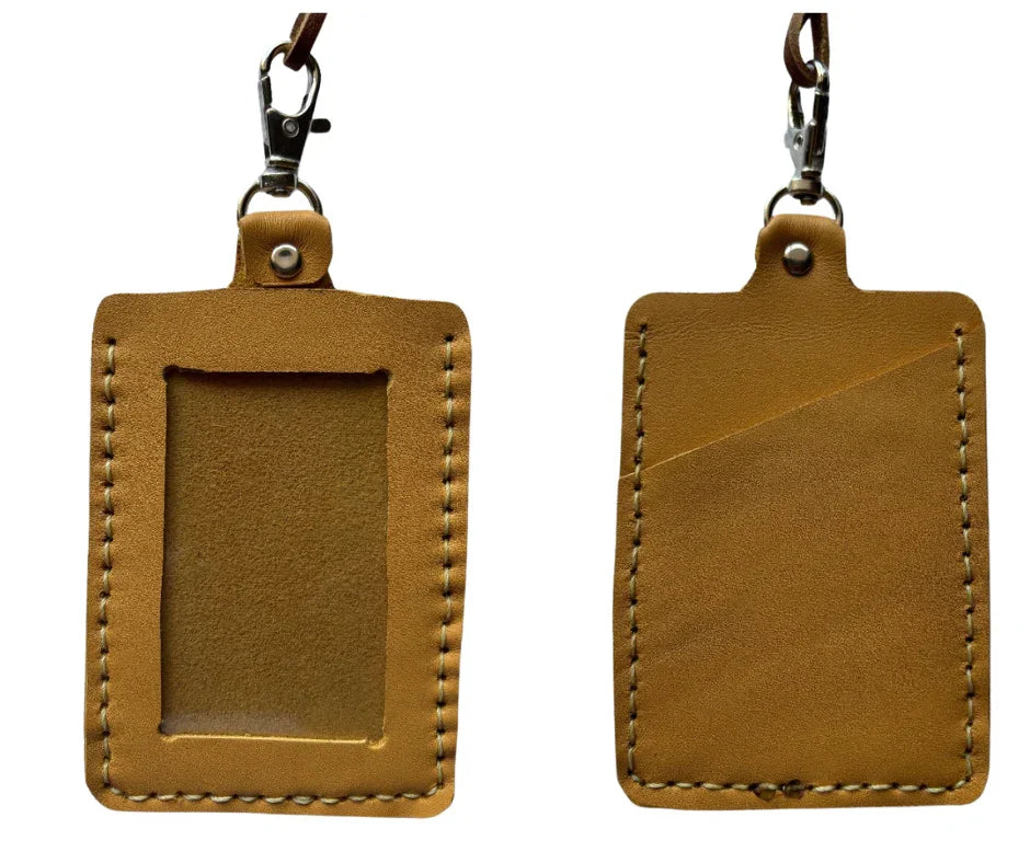 Handcrafted warm brown leather ID holder with matching lanyard, compact 4x3 inch badge wallet by Consuelo Barraza.