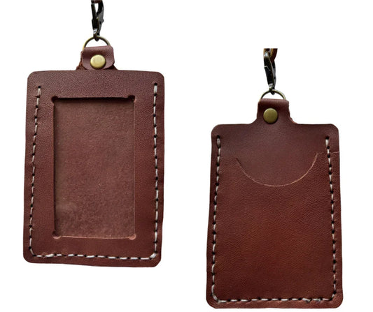 Handcrafted warm brown leather ID holder with matching lanyard, 4x3 inches, durable badge wallet by Consuelo Barraza