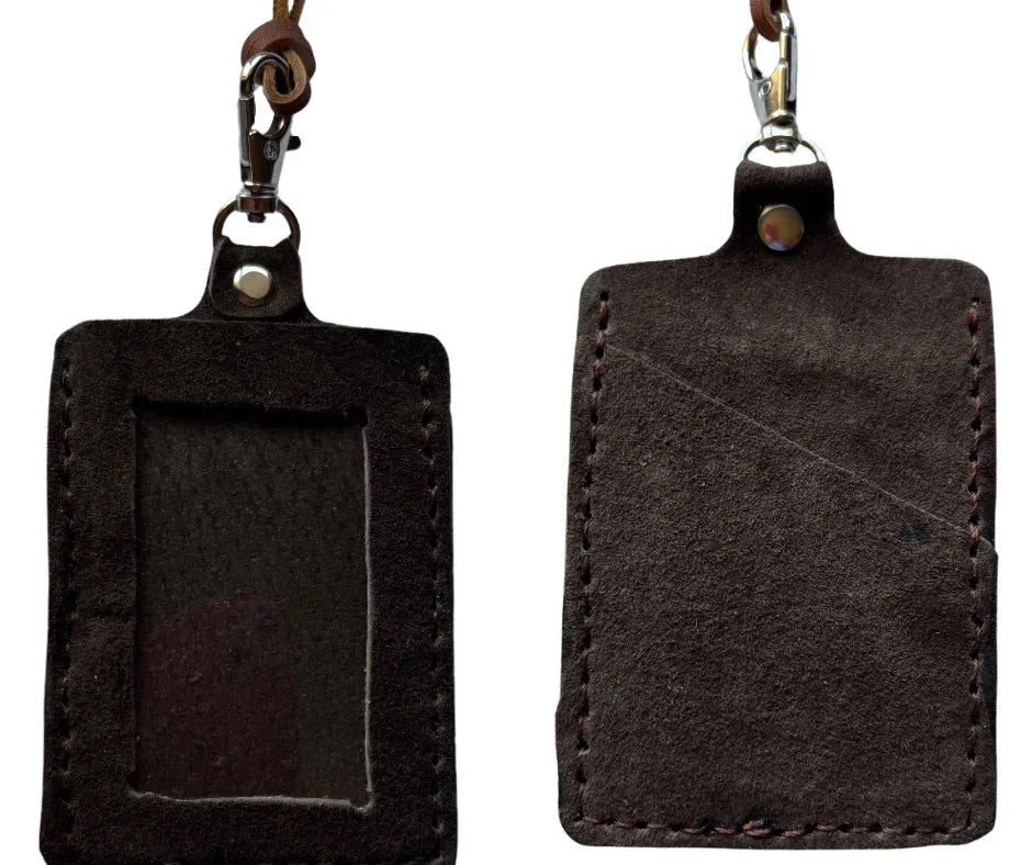 Handcrafted warm brown leather ID holder with matching lanyard, classic and durable badge wallet by Consuelo Barraza.