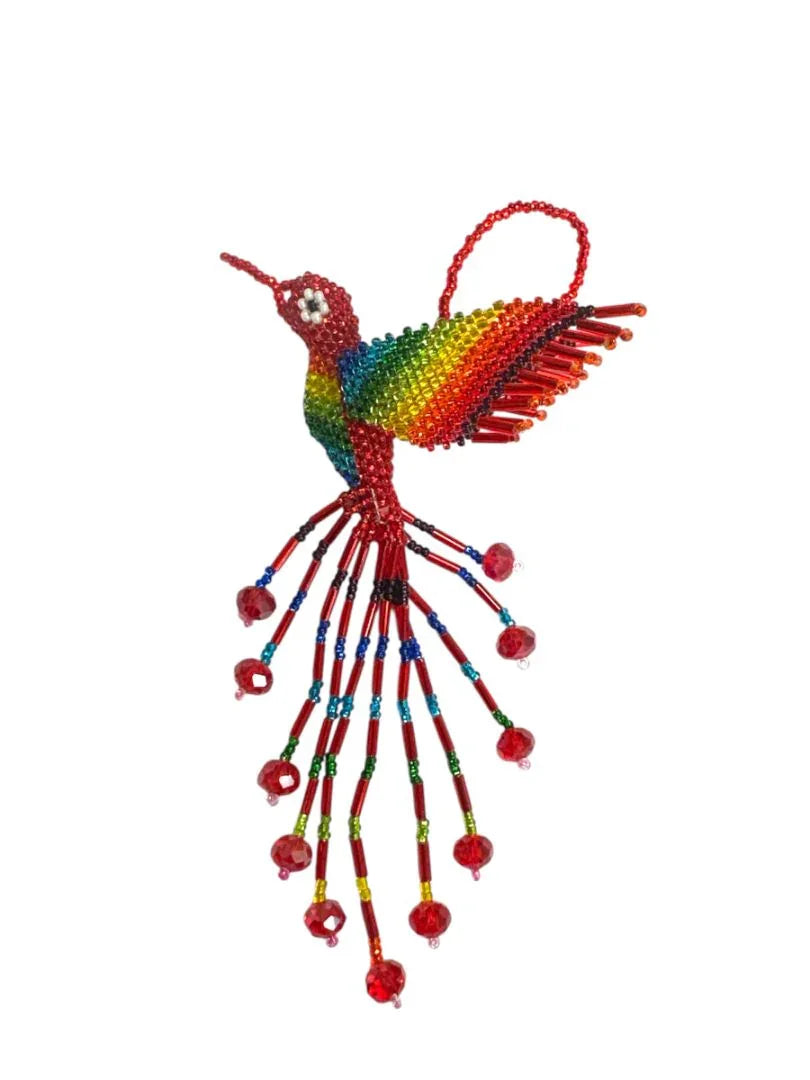 Handmade beaded hummingbird keychain by Jose Alberto Chavez, featuring colorful beads and detailed bird design for purse or bag accessories.