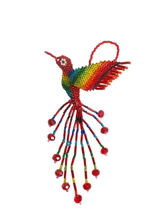 Handmade beaded hummingbird keychain by Jose Alberto Chavez, featuring colorful beads and detailed bird design for purse or bag accessories.