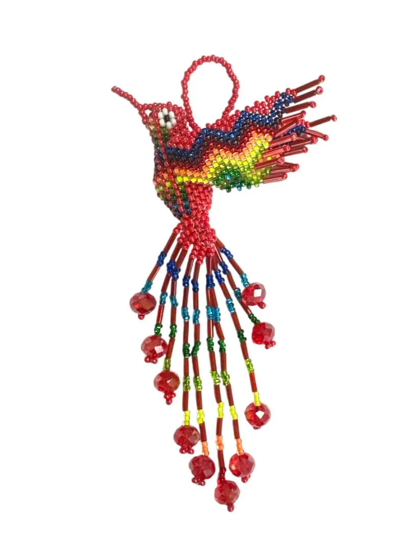 Handmade beaded hummingbird keychain by Jose Alberto Chavez, designed as a colorful purse charm accessory.