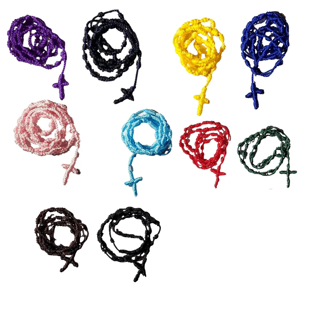 Handmade knotted cord Catholic rosary with wooden beads, crafted for Christian prayer, from Ysleta Mission Gift Shop.