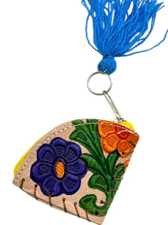 Handmade Leather Coin Purse – Tooled Keychain Wallet from Mexico - Ysleta Mission Gift Shop