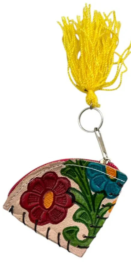 Handmade Leather Coin Purse – Tooled Keychain Wallet from Mexico - Ysleta Mission Gift Shop