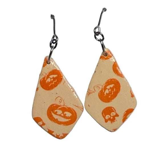 Handmade pumpkin polymer clay earrings by Lorena Williams, lightweight dangle jewelry perfect for fall season style.