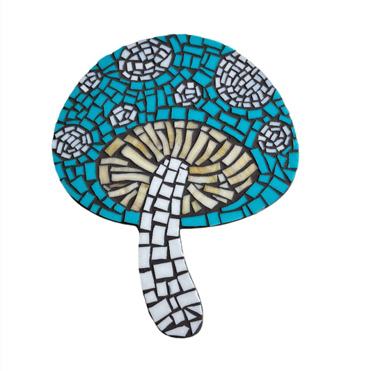 Handpainted Blue Mushroom Mosaic – 9.5"x7.5" Glass Tile Over Wood Backing