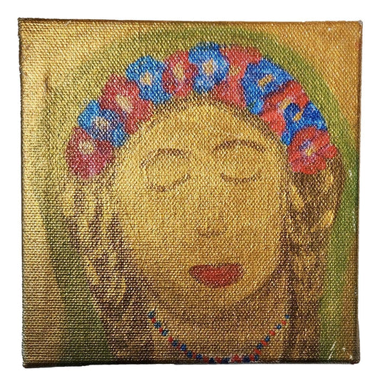 Handpainted Canvas Art – "Love" Woman with Blue and Pink Flowers by El Paso Artist, 5"x5"