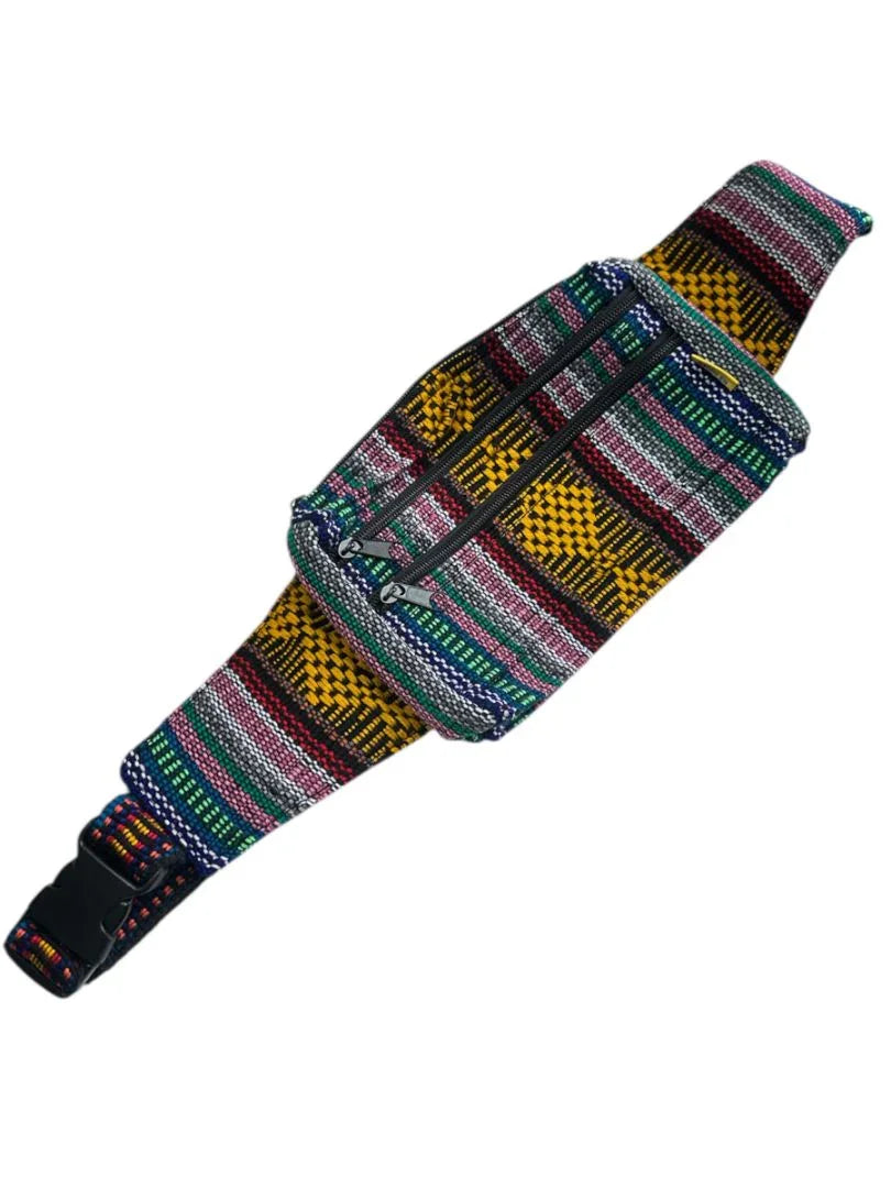 Handwoven artisanal fanny pack with colorful Mexican fabric, Ysleta Mission Gift Shop waist bag, casual accessory for everyday wear.
