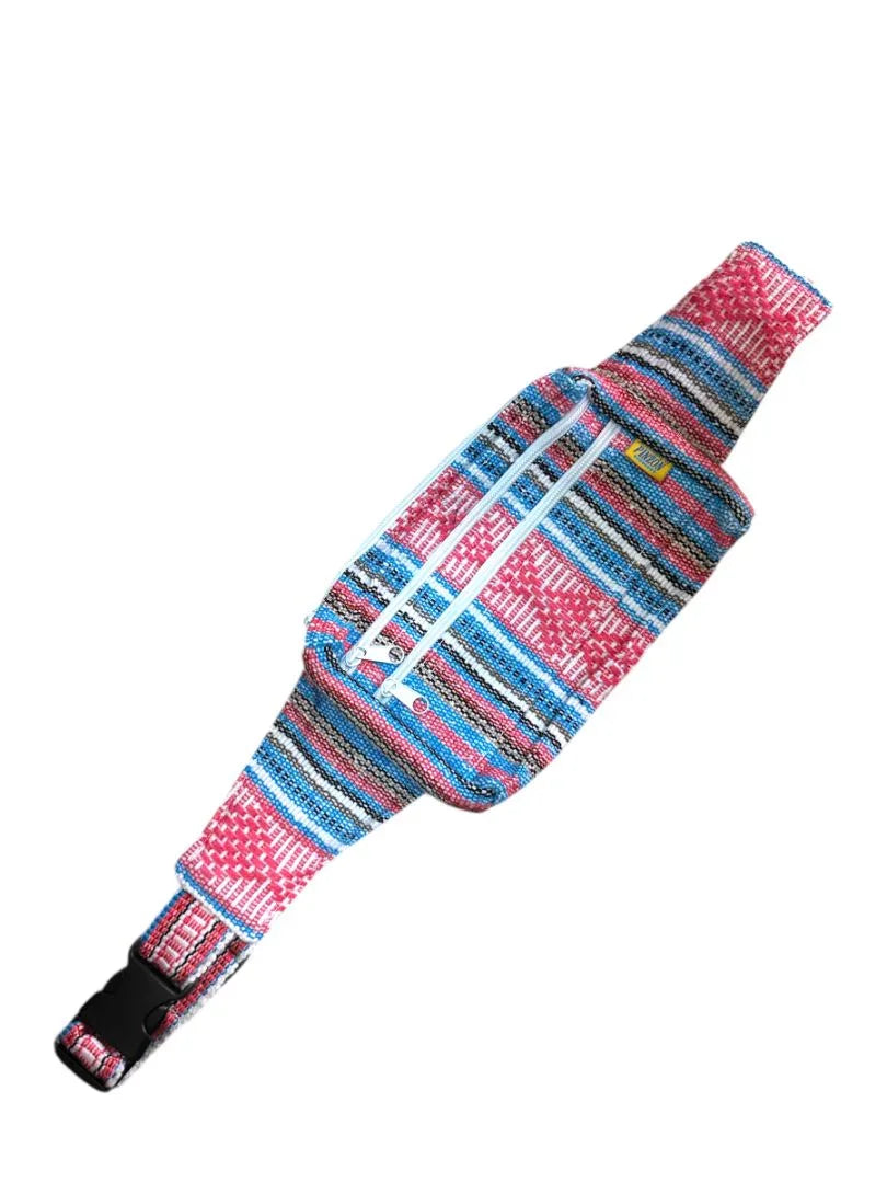 Handwoven artisanal waist fanny pack with colorful Mexican fabric, made by Ysleta Mission Gift Shop, casual and unique accessory.