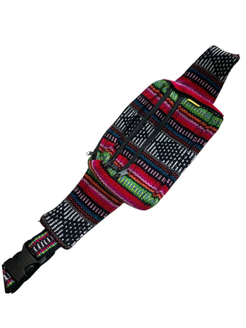 Handwoven artisanal waist bag with colorful Mexican fabric, designed as a stylish fanny pack from Ysleta Mission Gift Shop.