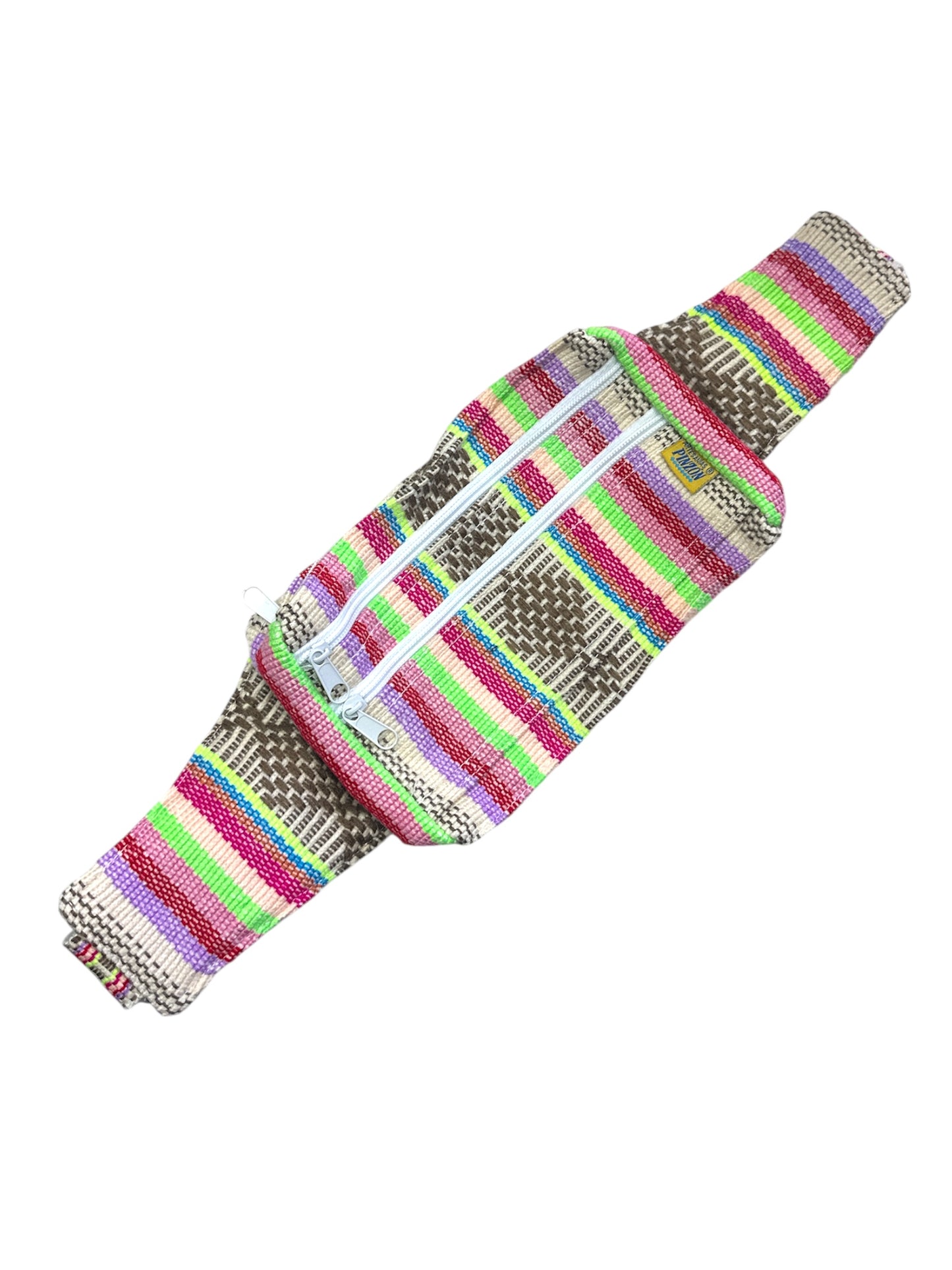 Handwoven artisanal waist bag with colorful Mexican fabric, crafted by Ysleta Mission Gift Shop, perfect for casual wear.