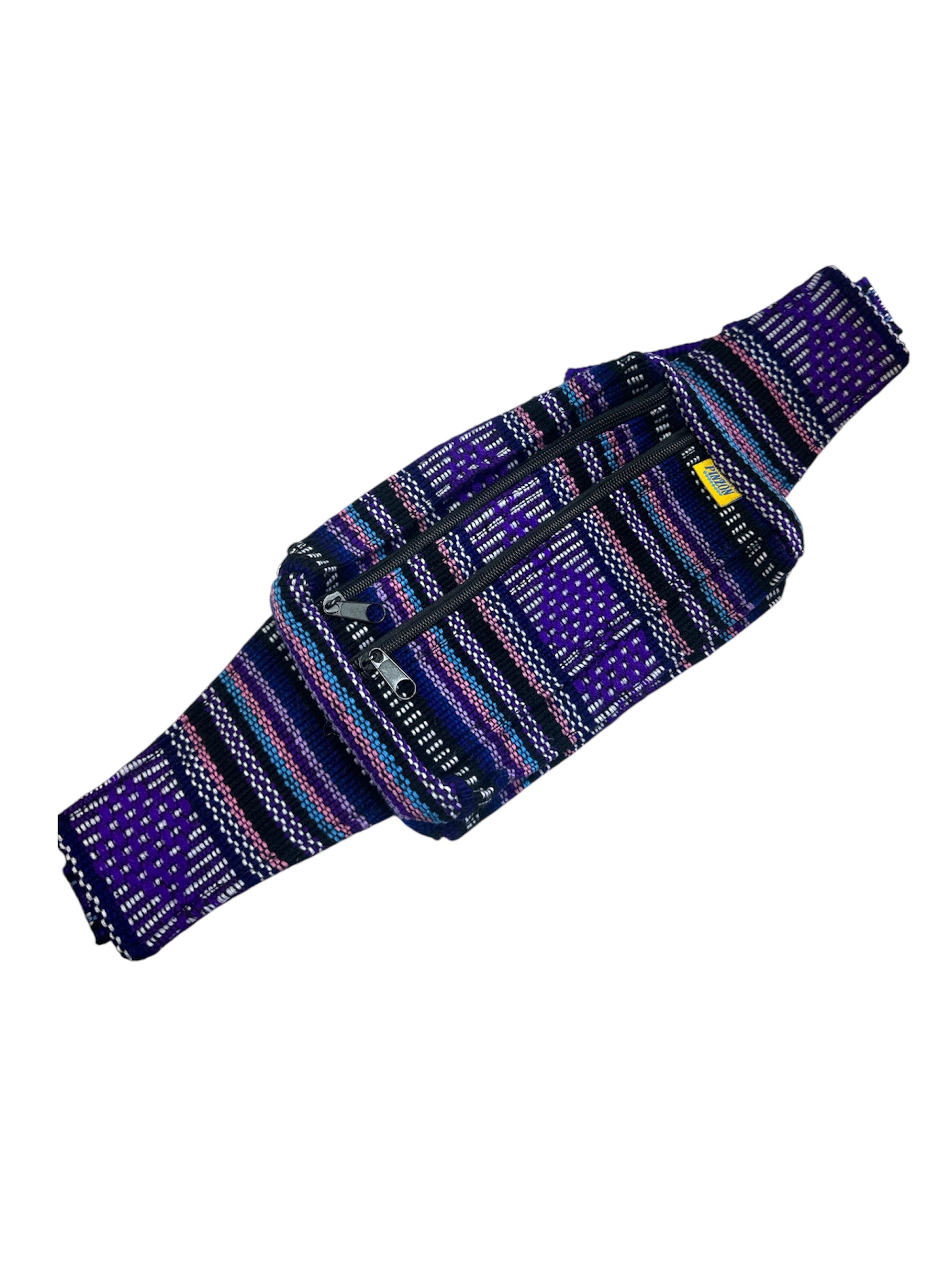 Handwoven artisanal fanny pack with colorful Mexican fabric, wearable waist bag from Ysleta Mission Gift Shop.