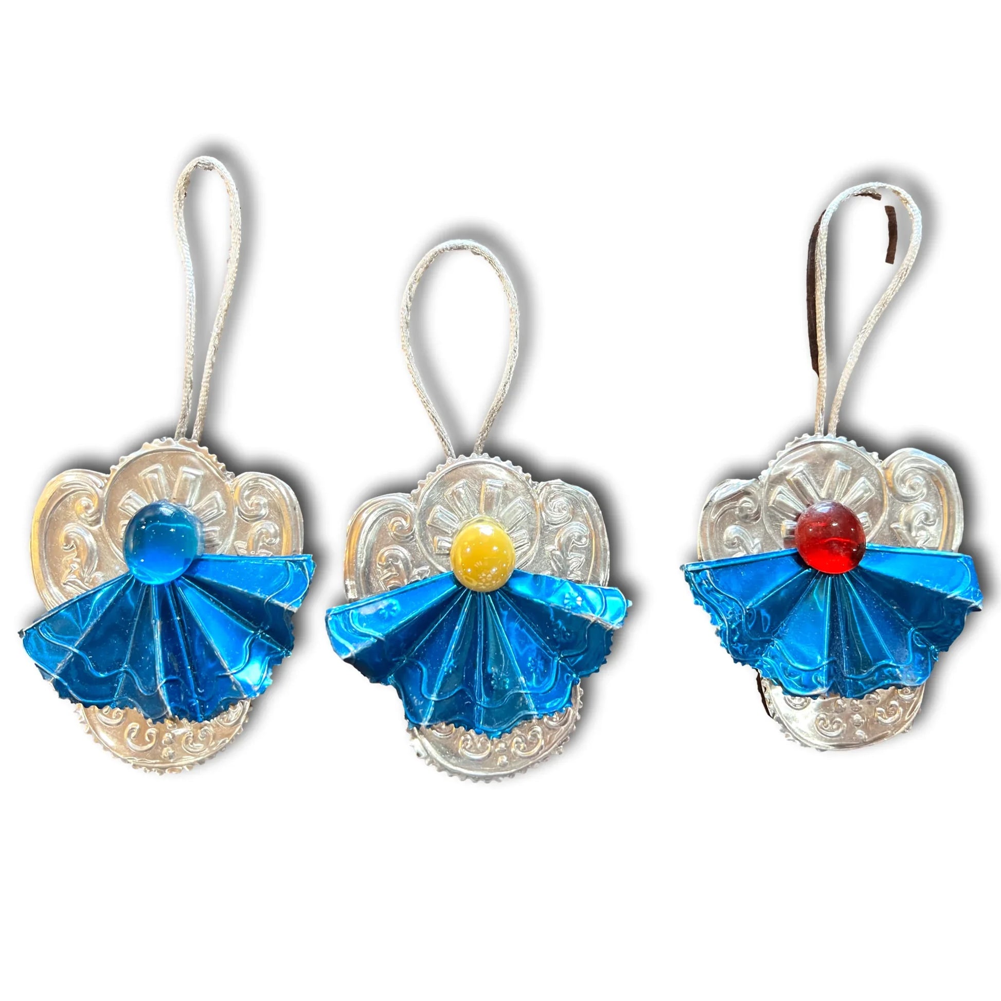 Hand-embossed aluminum angel ornament with blue skirt, Christian faith decor, hanging angel by Marilu Fuentes.