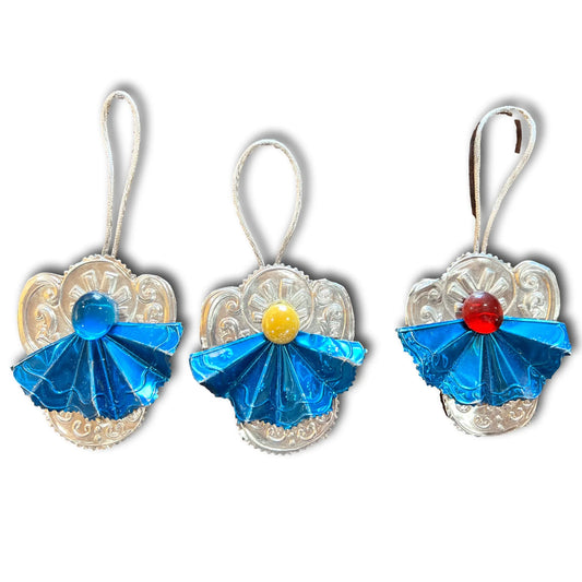 Hand-embossed aluminum angel ornament with blue skirt, Christian faith decor, hanging angel by Marilu Fuentes.