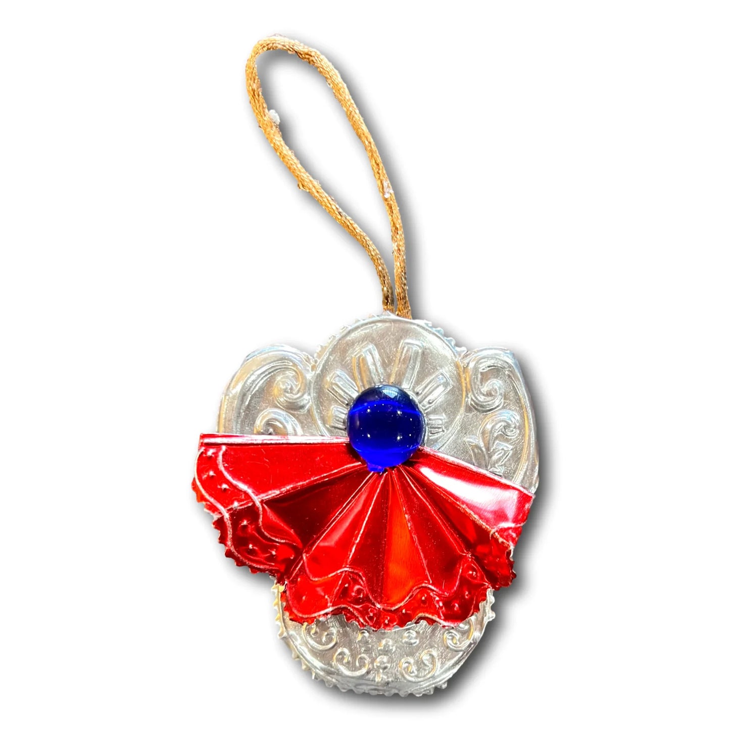 Hanging Angels Red Skirt Hand-Embossed Aluminum Angel Ornament | Real Wood Accent | Spiritual Decor
