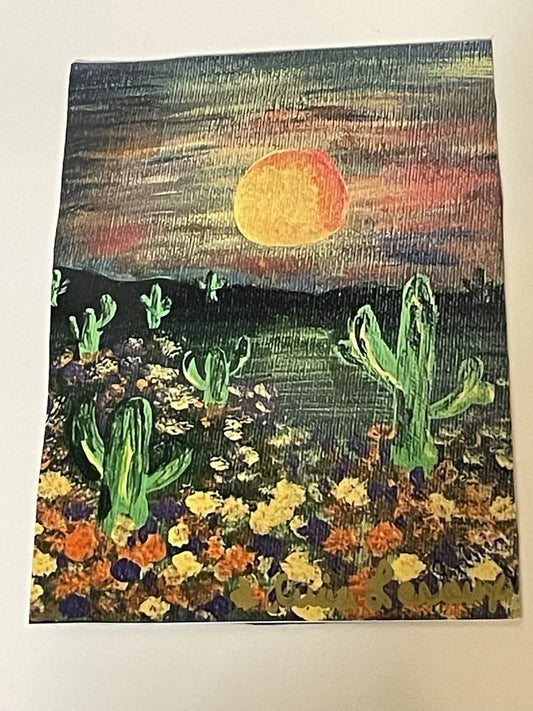 Hazy desert cactus sunset magnet, 4x6 acrylic art print by Sylvia Leroux, featuring a desert scene with cacti and warm sunset hues.