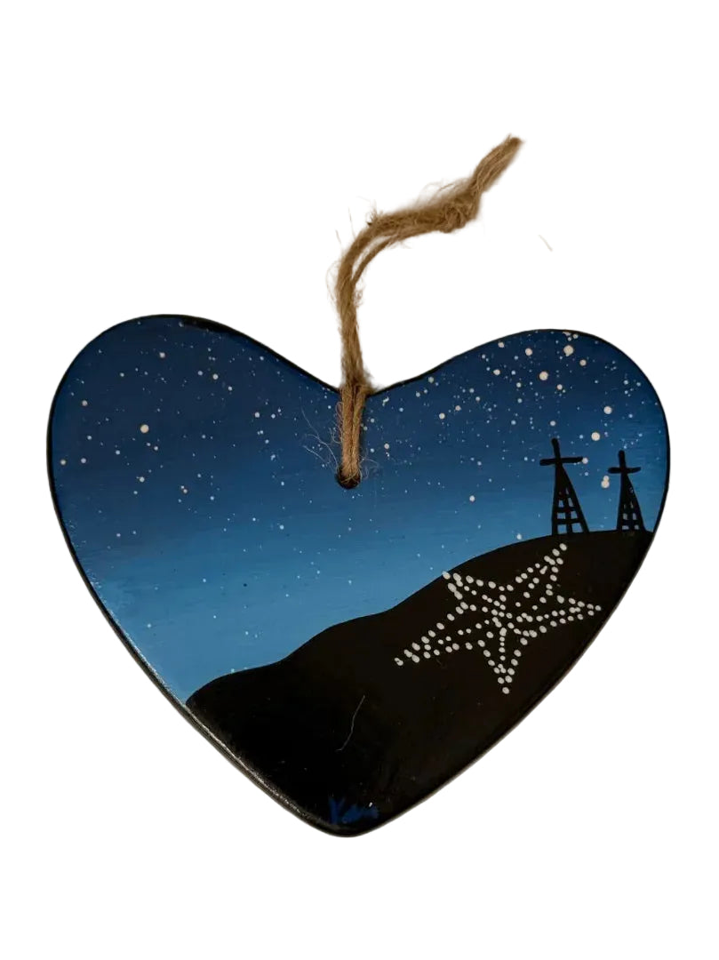 Heart-Shaped Ceramic Ornament – El Paso Blue Sky Star on the Mountain (4" x 3.75") - Ysleta Mission Gift Shop