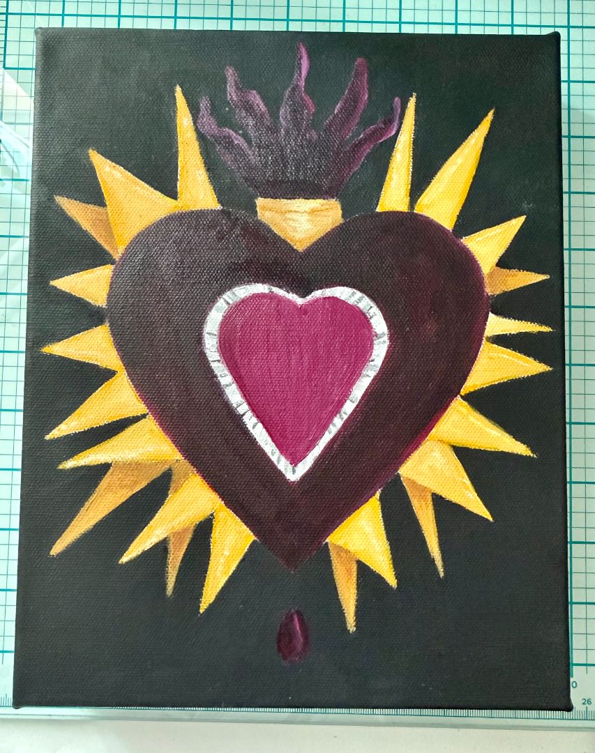Heart wrapped in thorns acrylic painting black background 8 x 9.5 in