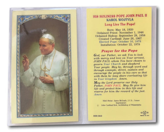 Laminated prayer card of Pope John Paul II, Catholic Christian gift featuring a tribute to the beloved saint.
