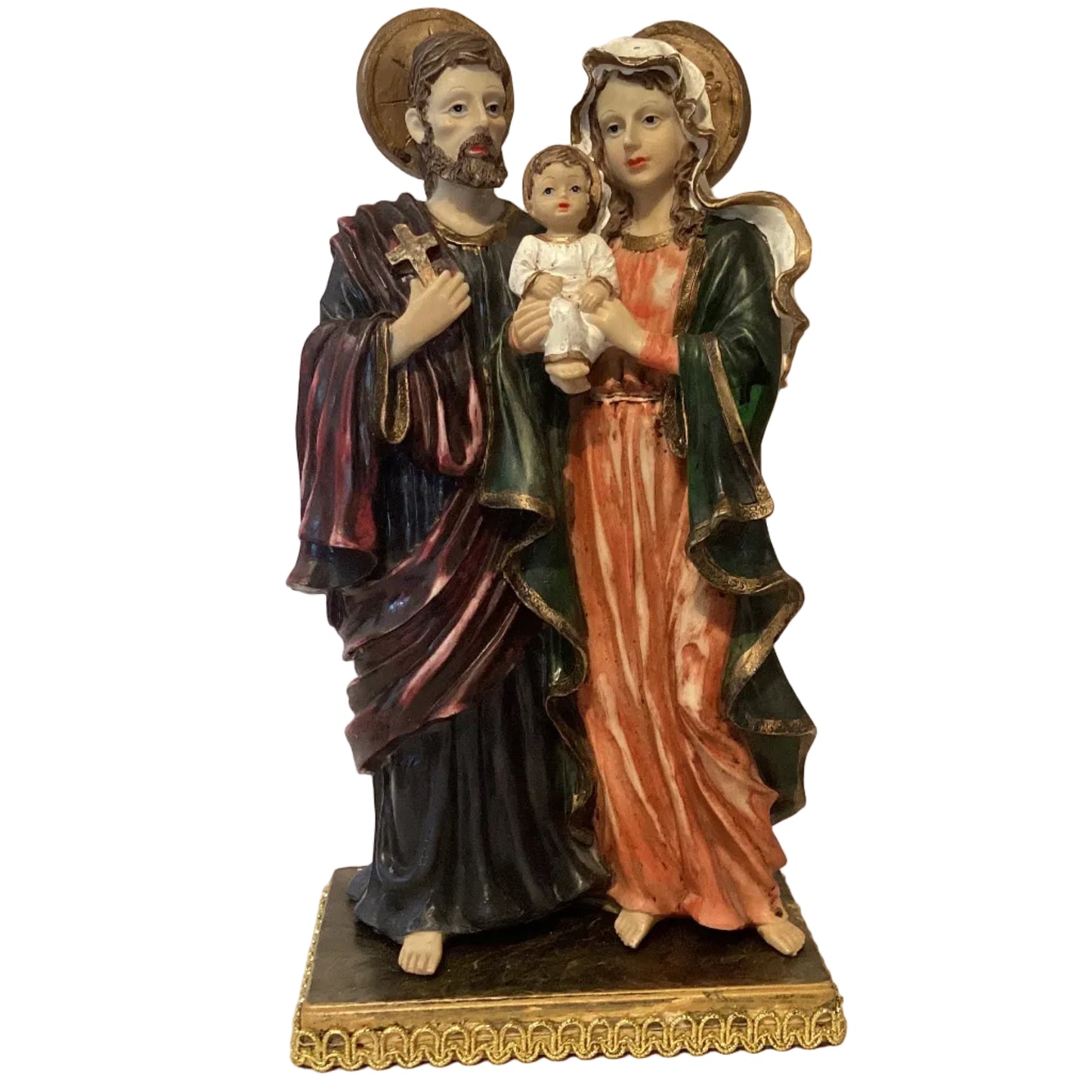 12-inch ceramic Holy Family statue featuring Jesus, Mary, and Joseph, ideal for Catholic devotional or Christian gift displays.