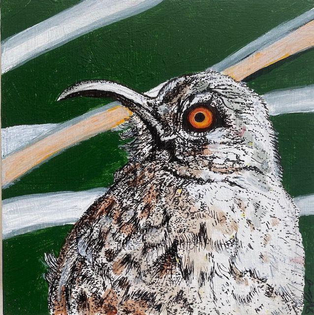 Acrylic painting of a hookbill thrasher bird with wildflowers, on wood by Susan W Perez, featuring bas-relief art for home decor.