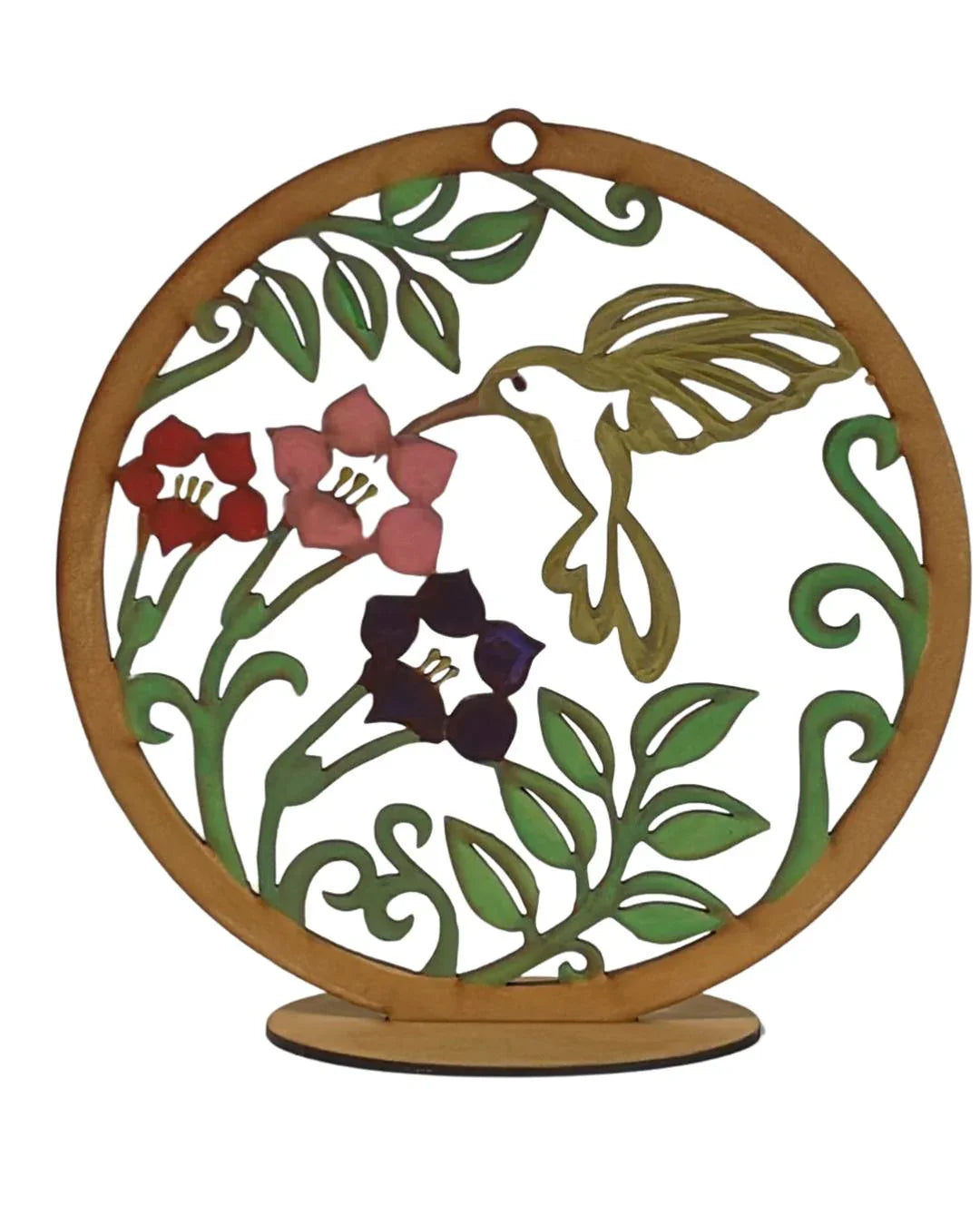 Colorful laser-cut hummingbird devotional plaque with base, Catholic Christian gift by Norma Cordova De Schaefer.