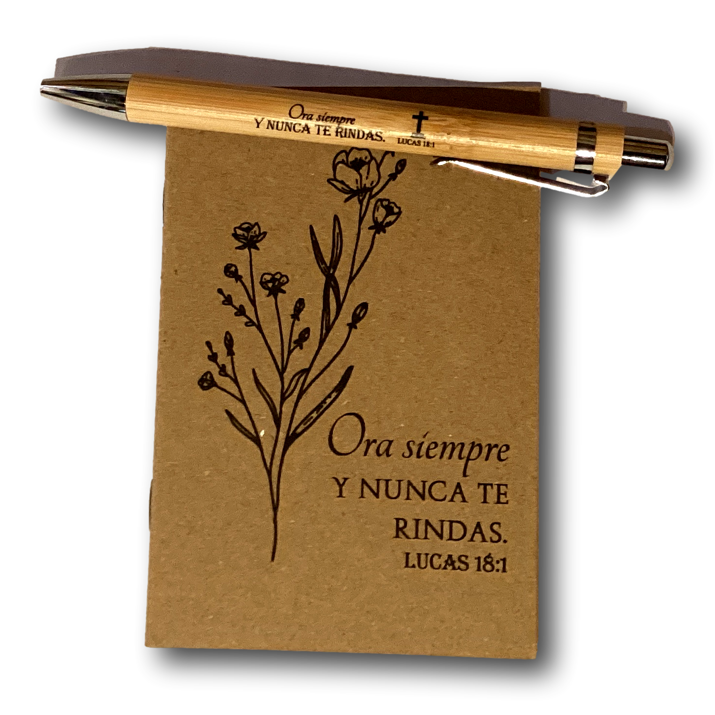 Spanish Bible verse pocket notebook with matching pen set, ideal Catholic Christian gift, featuring inspirational religious designs.